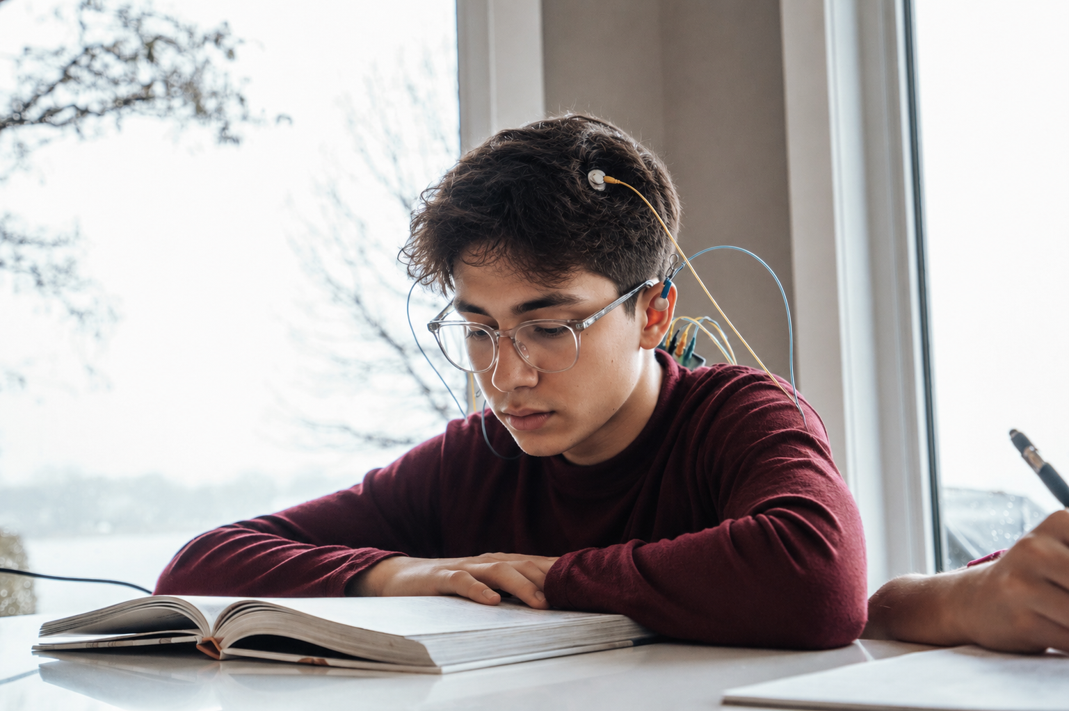 A student studying while wearing NeurOptimal® neurofeedback sensors.